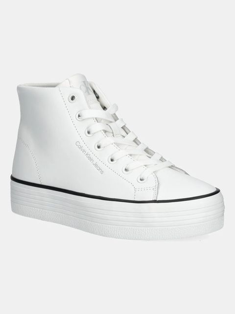 Calvin Klein Jeans trampki skórzane BOLD VULC FLATF MID LTH IN damskie kolor biały YW0YW01634