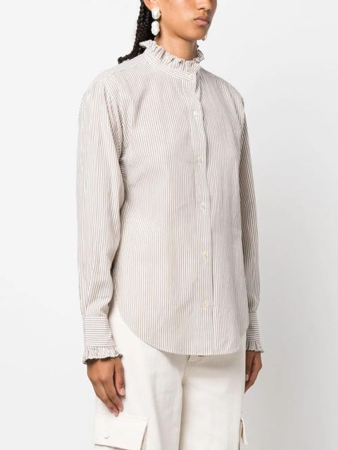 MARANT ÉTOILE Saoli ruffle-collar striped cotton shirt - Neutrals
