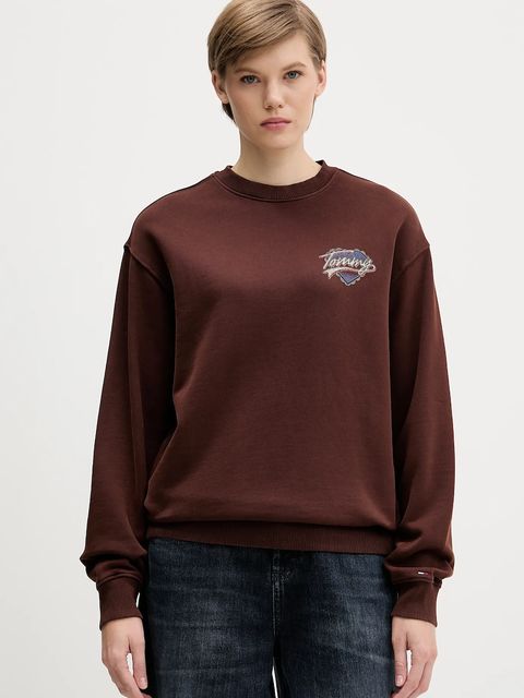 Tommy Jeans bluza bawełniana damska kolor brązowy z nadrukiem DW0DW21602