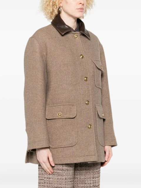 SANDRO contrast-collar flap-pockets single-breasted coat - Brown