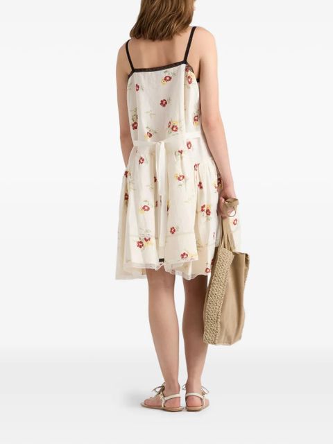 Prada embroidered linen mini-dress with floral motif - Neutrals