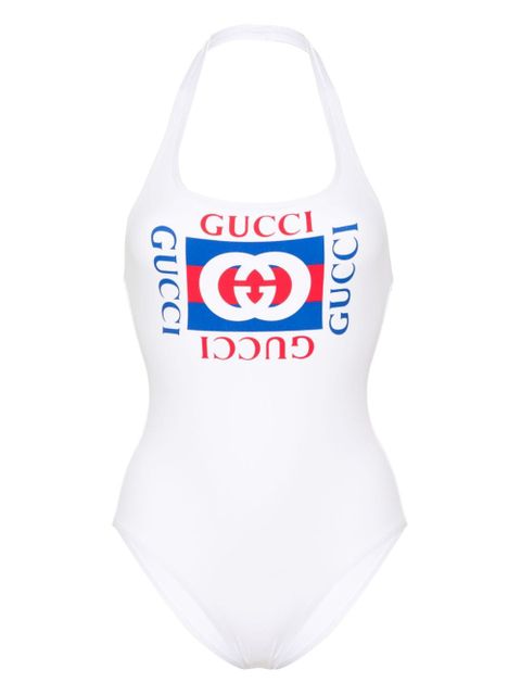 Gucci logo-print halterneck swimsuit - White