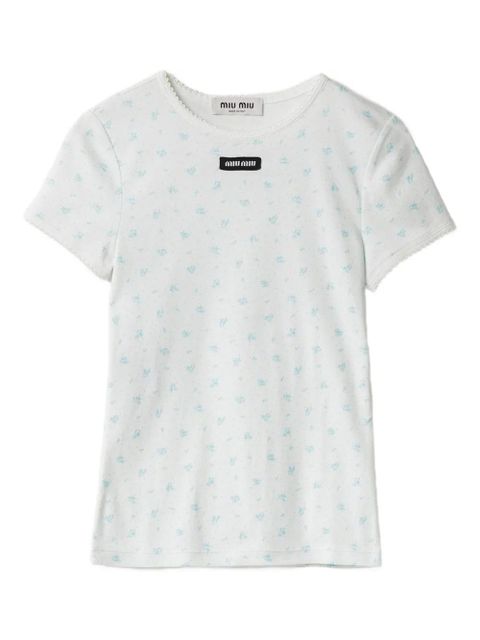 Miu Miu floral-pattern logo-patch T-shirt - White - zdjęcie produktu nr 1