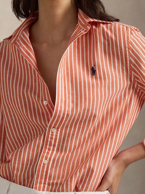 Polo Ralph Lauren koszula z dodatkiem lnu damska kolor pomarańczowy regular z kołnierzykiem klasycznym 211971514