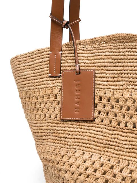 Manebi logo-tag raffia tote bag - Neutrals