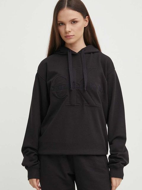 Calvin Klein Jeans bluza damska kolor czarny z kapturem z aplikacją J20J223091