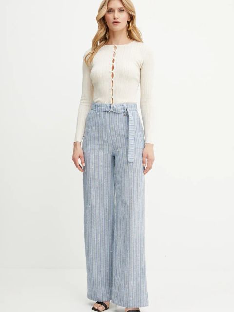 Fracomina spodnie z domieszką lnu damskie kolor niebieski szerokie high waist FS25SV3008W402Q6