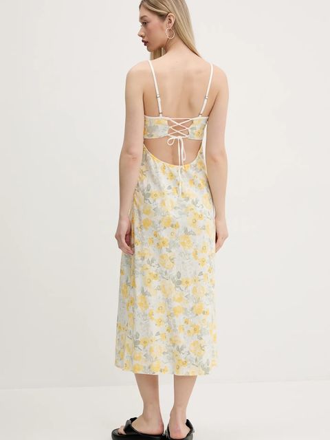 Hollister Co. sukienka lniana kolor żółty midi prosta KI359-5266