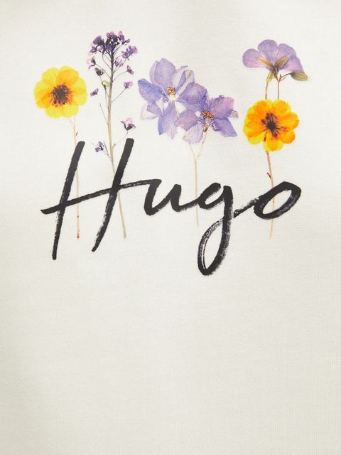 HUGO bluza bawełniana Dalessandra_2 damska kolor beżowy z kapturem z nadrukiem 50555814