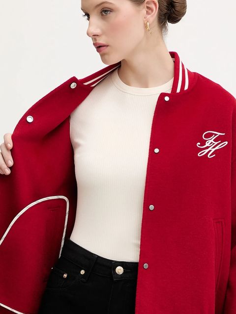 Tommy Hilfiger kurtka bomber z dodatkiem wełny kolor czerwony przejściowa oversize WW0WW47760