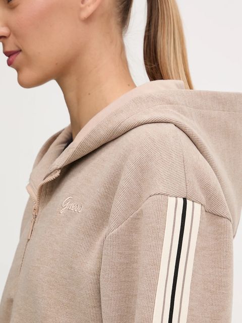Guess bluza z domieszką wełny MURIEL damska kolor beżowy z kapturem z aplikacją V5BQ17 KCX52