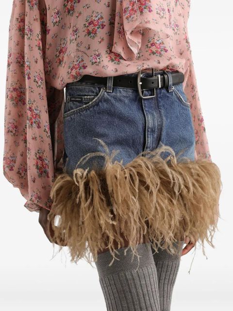 Dolce & Gabbana feather-trim denim mini skirt - Blue
