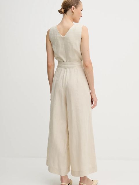 United Colors of Benetton kombinezon lniany kolor beżowy z dekoltem w szpic 4AGHDT00E