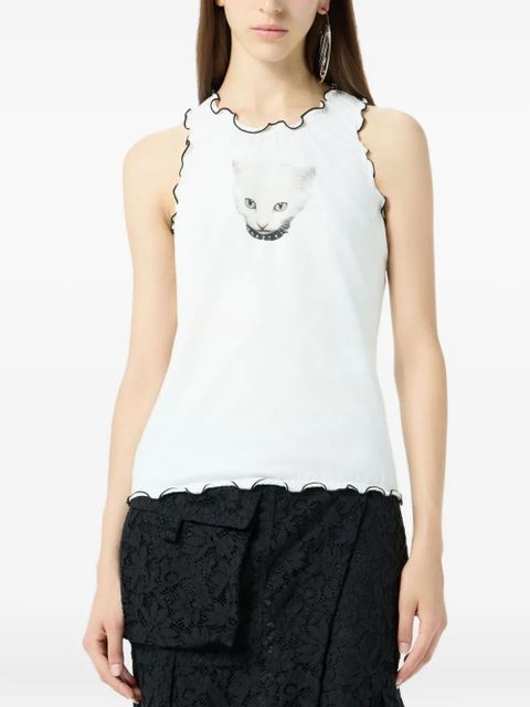 Blumarine cat-print ruffled T-shirt - White