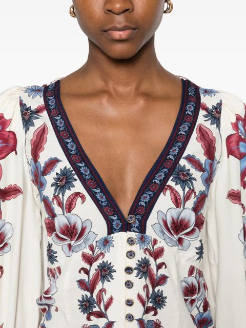 FARM Rio floral-print V-neck blouse - White