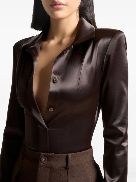 Manière De Voir Louise wide-shoulder satin shirt bodysuit - Brown