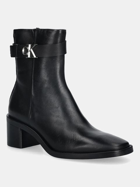 Calvin Klein botki skórzane BLOCK HEEL BOOT W/ METAL LOGO damskie kolor czarny na słupku HW0HW02591 - zdjęcie produktu nr 1