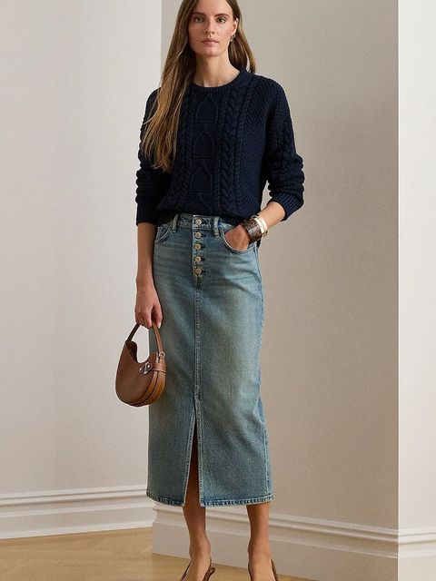 Lauren Ralph Lauren spódnica jeansowa kolor niebieski midi prosta 200P03635