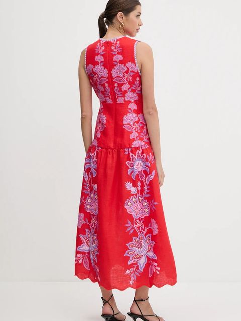 Farm Rio sukienka lniana kolor czerwony maxi rozkloszowana 336269