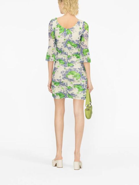 GANNI floral-print ruched minidress - Neutrals