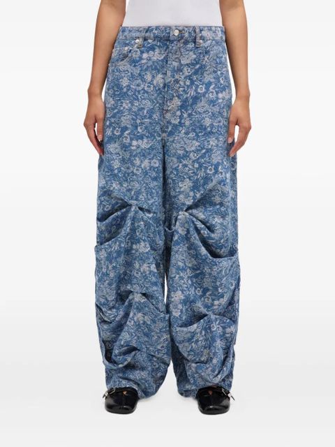 GANNI floral-print gathered jeans - Blue