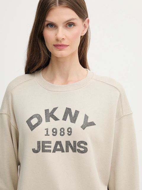 Dkny bluza bawełniana damska kolor beżowy z aplikacją DJ5T1522
