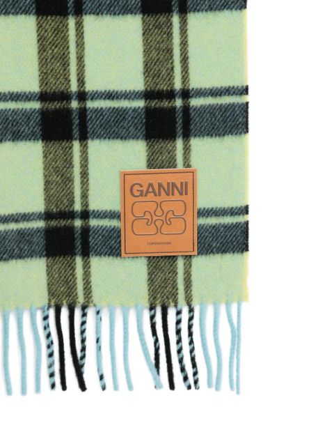 GANNI checked fringed scarf - Green