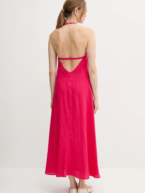 United Colors of Benetton sukienka lniana kolor różowy maxi rozkloszowana 4AGHDV0BF