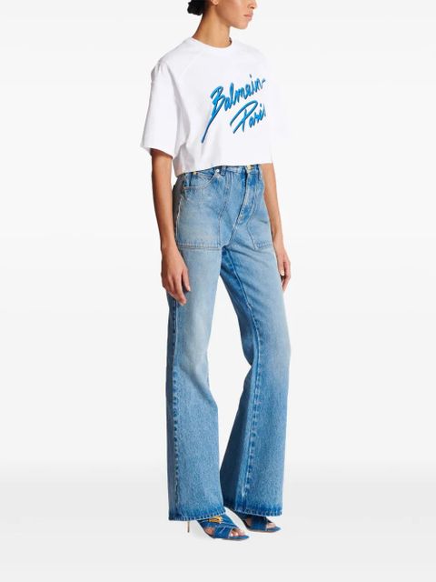 Balmain logo-flocked cropped T-shirt - White