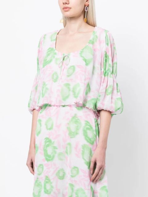 GANNI floral-print pleated georgette blouse - Pink