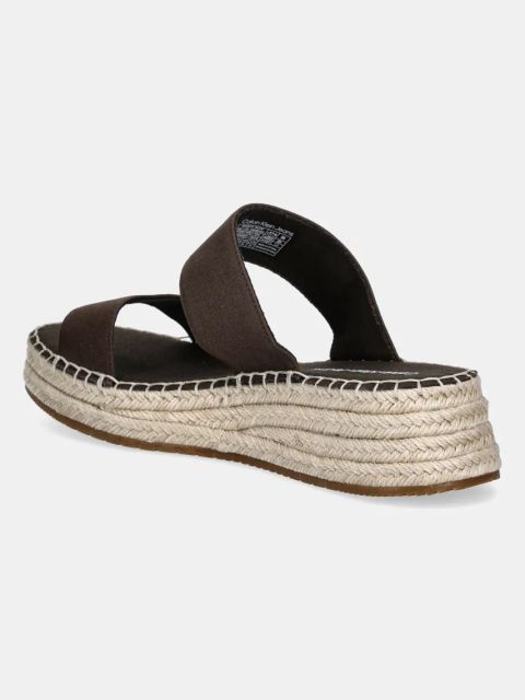 Calvin Klein Jeans klapki SPORTY ROPE MG LTH WEBBING damskie kolor brązowy na koturnie YW0YW01704