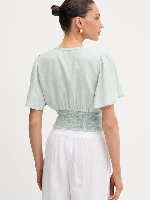 Guess bluzka z domieszką lnu LUIZA damska kolor niebieski z aplikacją W5GH82 D5N81