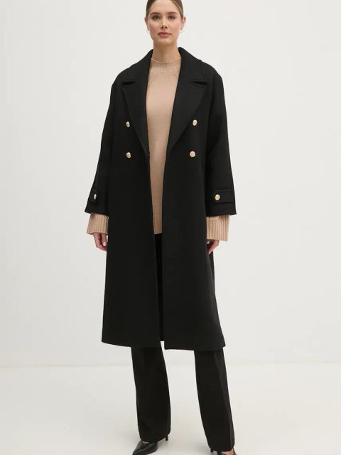 La Petite Française płaszcz wełniany PFMARITIME kolor czarny przejściowy dwurzędowy PFMARITIME