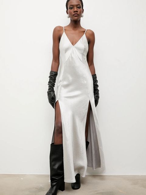 Answear.LAB sukienka kolor srebrny maxi rozkloszowana