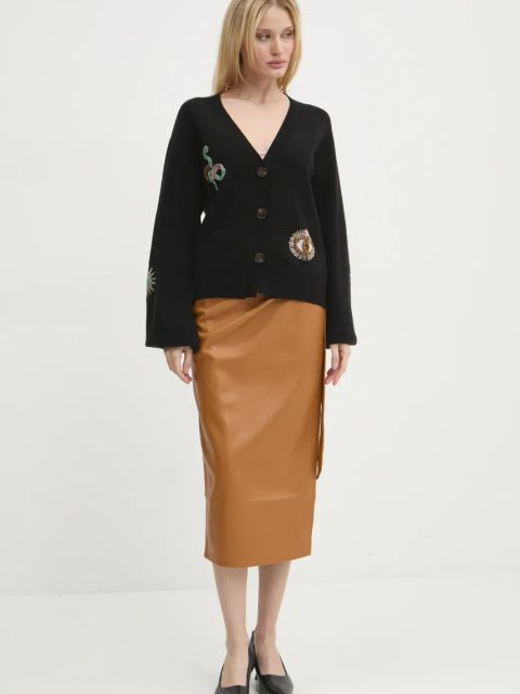 Never Fully Dressed spódnica Vegan Leather Jaspre Skirt kolor brązowy midi ołówkowa NFDSK473