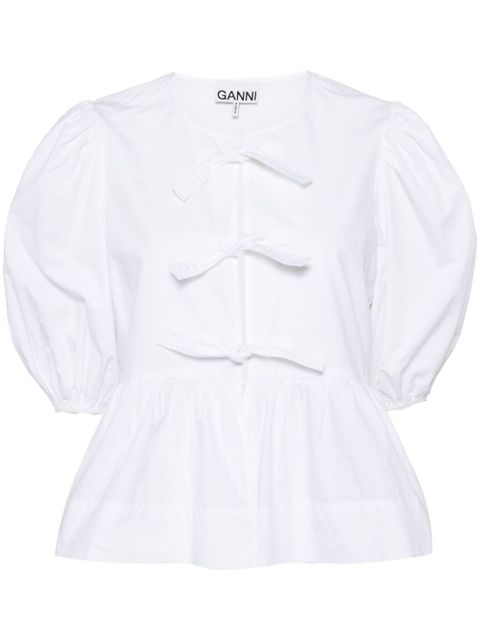 GANNI cotton peplum tie blouse - White