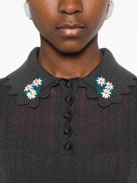 Self-Portrait floral-appliqué polo shirt - Grey