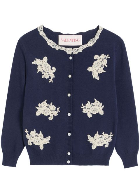 Valentino Garavani lace-trim embroidered cardigan - Blue