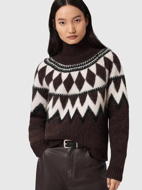 AllSaints sweter z dodatkiem wełny TARA damski kolor brązowy ciepły z golfem W086KB - zdjęcie produktu nr 1