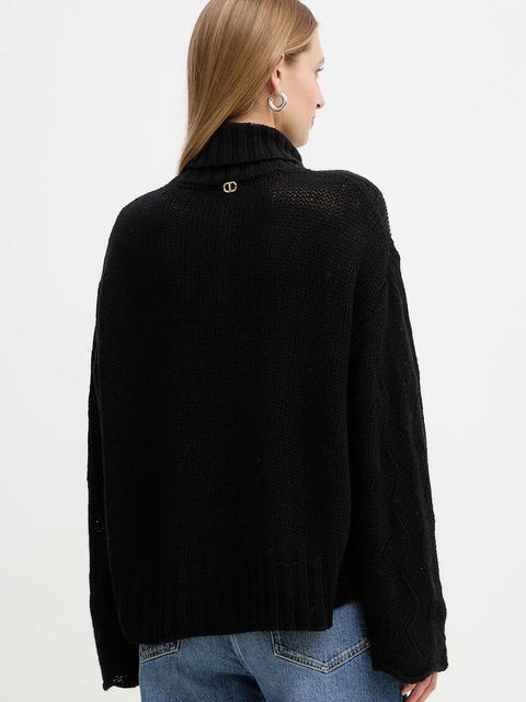 Twinset sweter z dodatkiem wełny damski kolor czarny ciepły z golfem 252TT3424