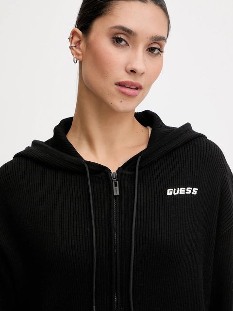 Guess bluza z domieszką wełny FLAMINIA kolor czarny z kapturem gładka V5BR05 Z3JD2