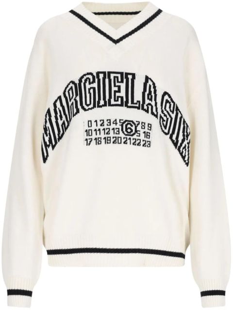 MM6 Maison Margiela logo-knit v-neck jumper - White - zdjęcie produktu nr 1