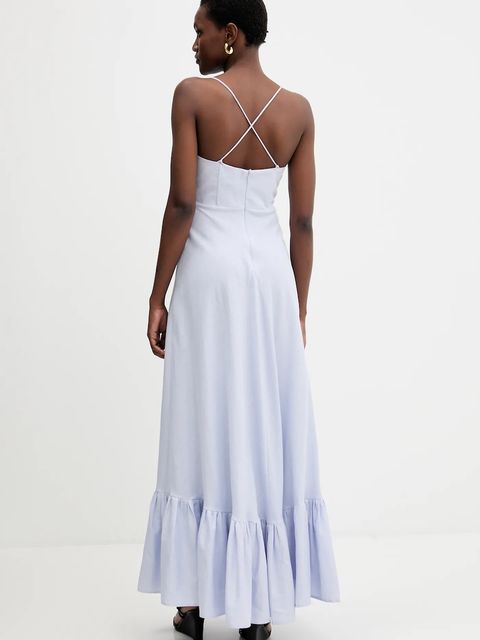 Bardot sukienka lniana kolor niebieski maxi rozkloszowana 59894DB1