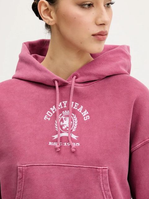 Tommy Jeans bluza bawełniana damska kolor różowy z kapturem z aplikacją DW0DW20311