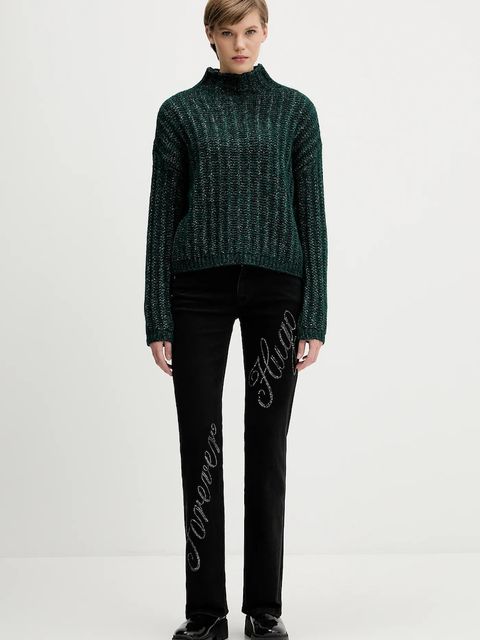 HUGO sweter z dodatkiem wełny damski kolor zielony ciepły z półgolfem 50550210