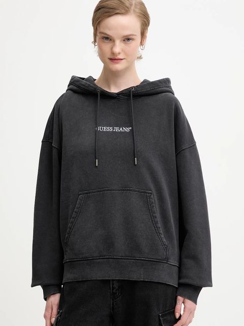 Guess Jeans bluza bawełniana damska kolor czarny z kapturem z aplikacją W5BQ15 KCPR1 - zdjęcie produktu nr 1
