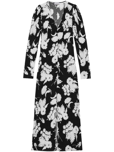 GANNI floral-print long-sleeve midi dress - Black