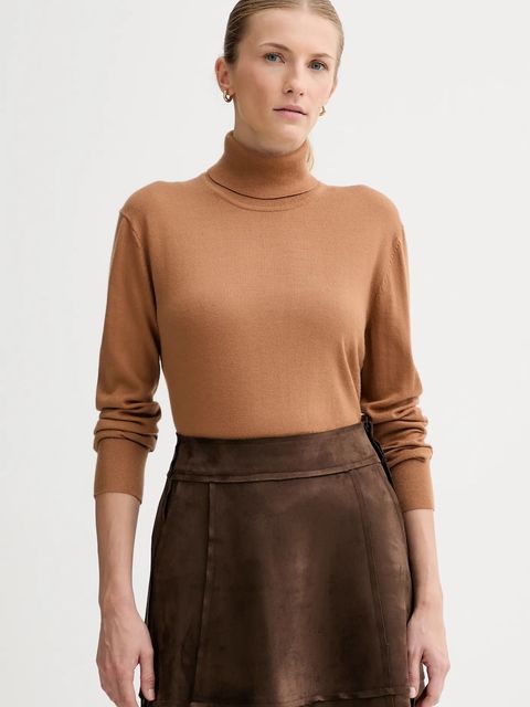 Calvin Klein sweter z dodatkiem wełny damski kolor brązowy lekki z golfem LV044D371G