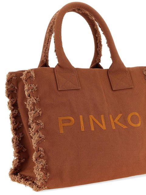 PINKO medium Beach frayed logo-embroidered tote bag - Brown