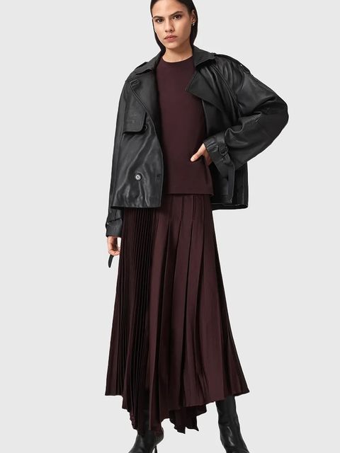 AllSaints spódnica JAX kolor bordowy midi rozkloszowana W065RD - zdjęcie produktu nr 1